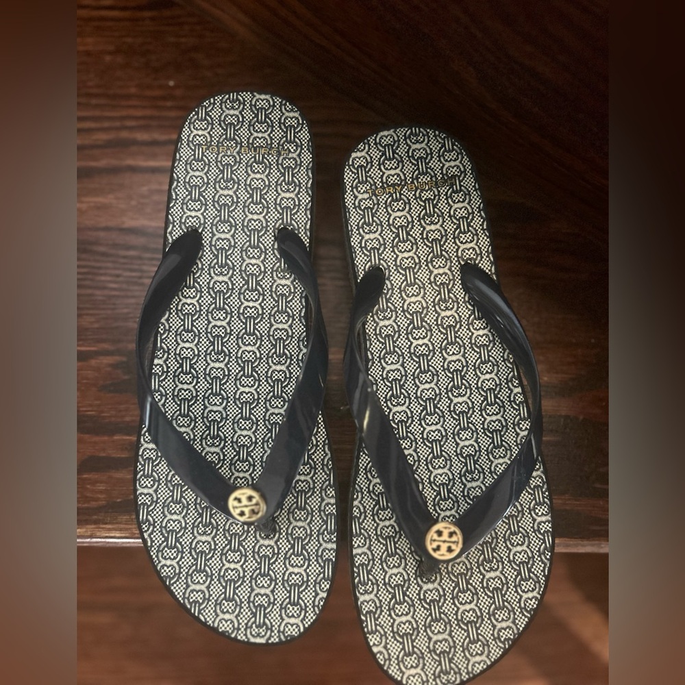 Tory Burch Navy and White Wedge Flip Flops